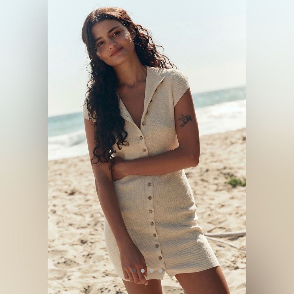 NWT Free People Jameson Cotton-Linen Sweater Mini Dress • Size L • Neutral Knit